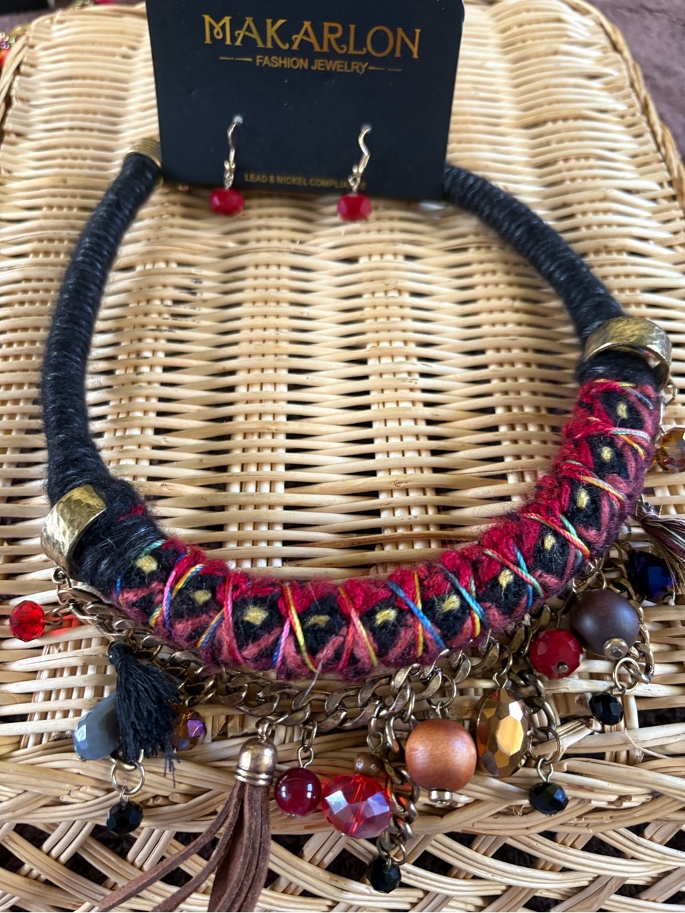 Red & Black Wrapped Statement Necklace with Charms and matching earrings